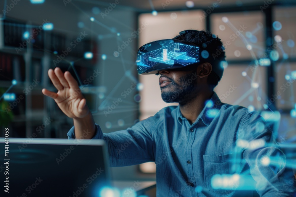Poster a man interacts with virtual reality technology, wearing a vr headset, in a modern workspace filled 