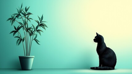 Sleek Black Cat Relaxing Beside Modern Indoor Plant in Bright and Minimalist Home Setting