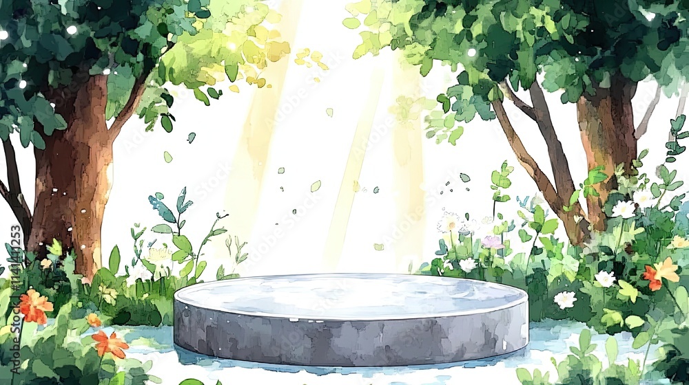 Poster a circular stone podium in a lush forest setting with sunlight streaming through the trees.