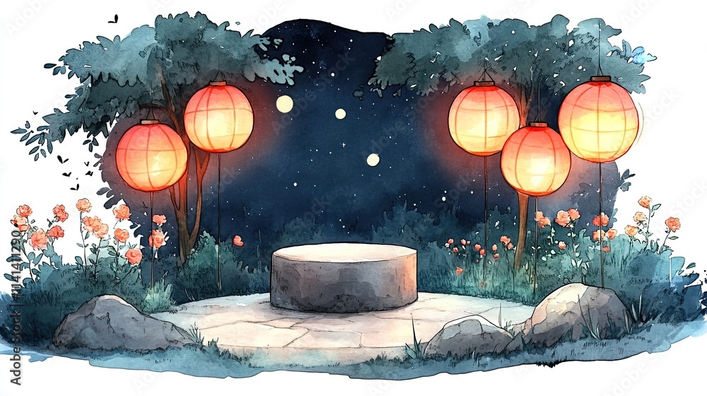 Poster a circular stone platform with red lanterns and trees on either side under a starry night sky.