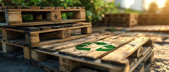 Stack of wooden pallets with ecofriendly green recycling symbols, highlighting sustainable material use and environmental awareness, natural textures, sharp, realistic focus