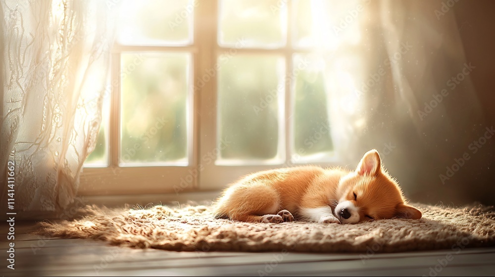 Poster a warm and comforting image showcasing a small fluffy corgi puppy peacefully napping on a soft plush