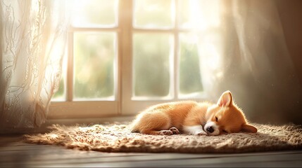 A warm and comforting image showcasing a small fluffy corgi puppy peacefully napping on a soft plush rug near a sunlit window creating a serene and inviting atmosphere