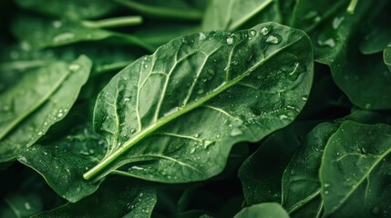 Fresh wet spinach leaves closeup, dark green healthy greens.