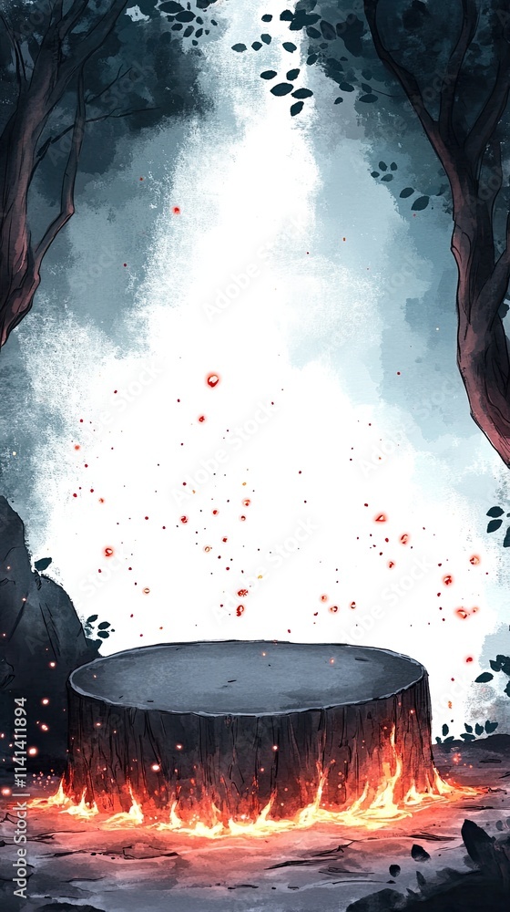 Poster a circular wooden platform with flames burning beneath it is in a mystical forest setting. there are