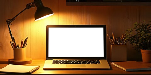 Laptop with blank screen, lit lamp, desk, and various work tools.