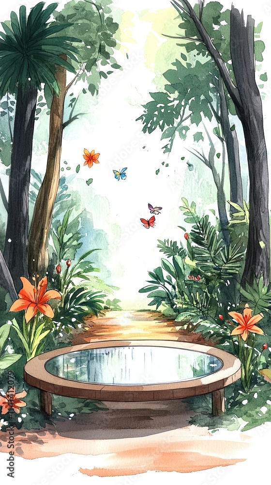 Poster a circular wooden table with a mirrored top sits in a forest with a path leading into the woods, sur