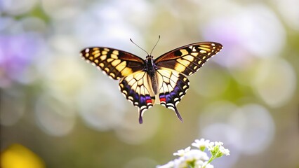 Fototapeta premium A Yellow and Black Butterfly with Red Accents in Flight Over Flowers
