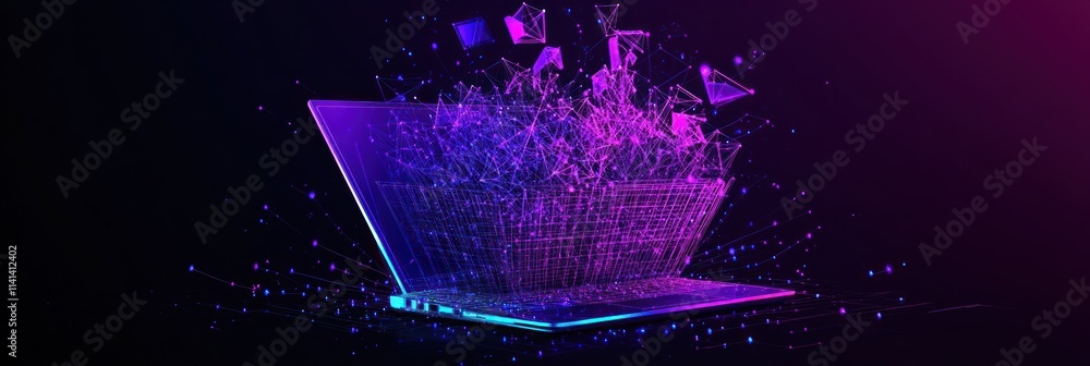 Poster exploding laptop with digital effects on dark background.