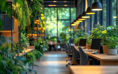 Sustainable office environment with lush green plants