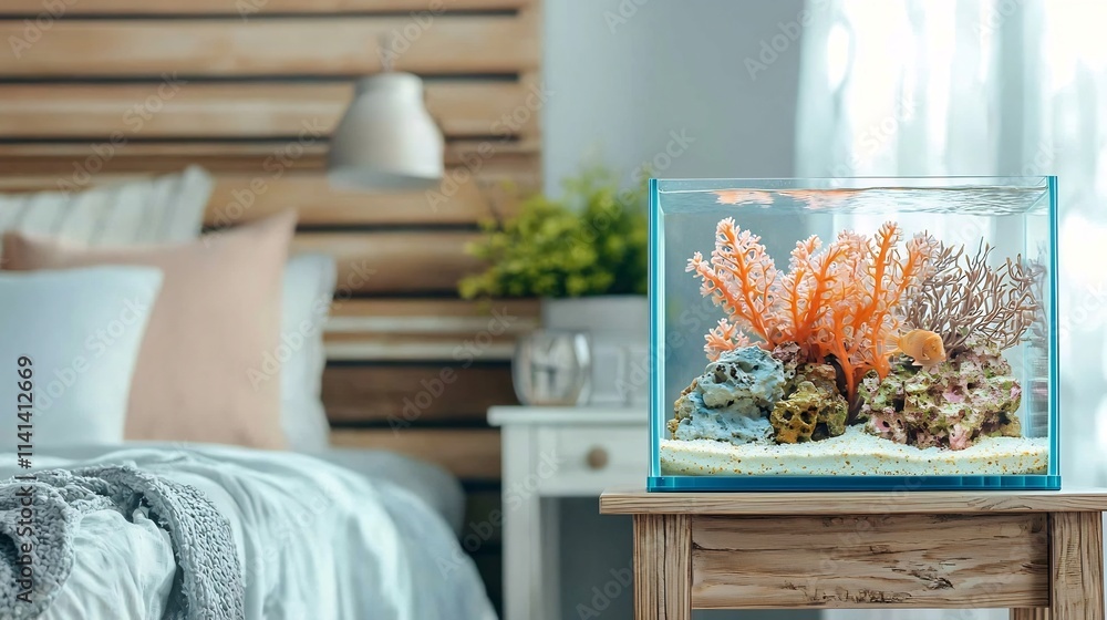 Poster a clean and vibrant rectangular aquarium on a small wooden table in a cozy well decorated bedroom se