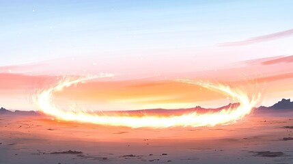 A fiery ring in the desert at sunset.