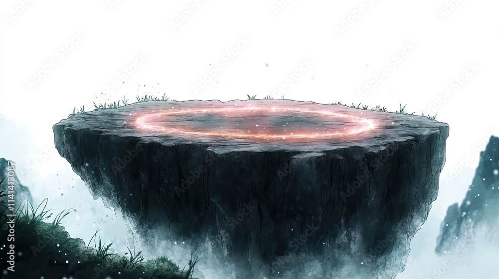 Poster a floating stone platform with glowing red light circle in the middle, surrounded by mist and grass.