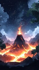 A fiery volcano erupts against a starry night sky with flowing lava and lush greenery surrounding it.