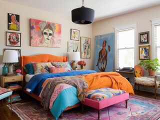 eclectic bedroom with mismatched furniture, colorful bedding, and bold artwork