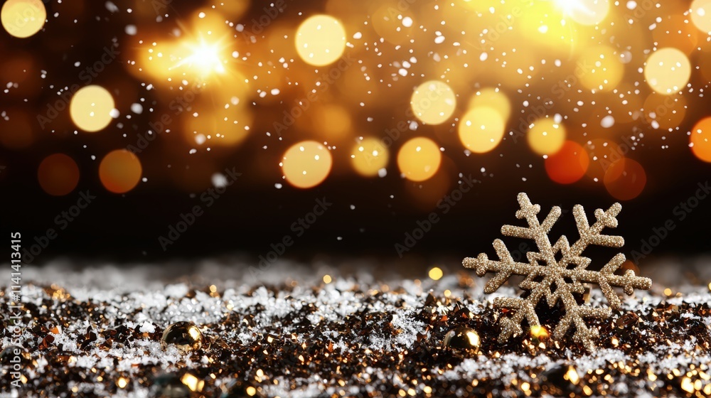 Poster golden snowflake on sparkling background with bokeh lights