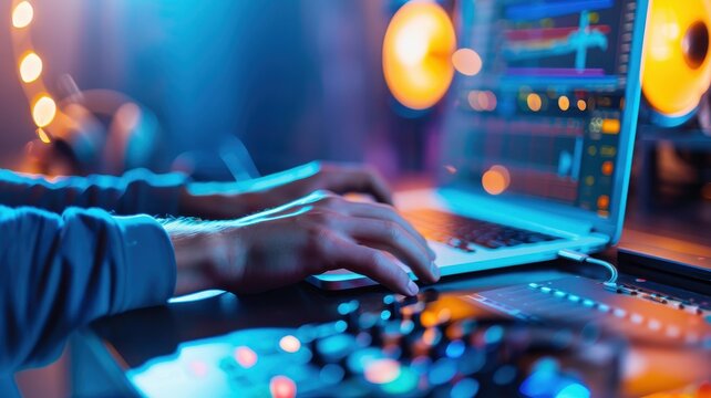A person uses a laptop to create music in a vibrant, illuminated studio filled with electronic equipment and colorful lighting.