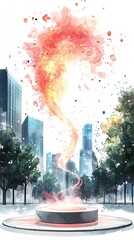 A glowing orange and pink energy vortex rising from a circular platform in a city park, surrounded by tall buildings and trees.
