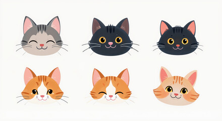 Fototapeta premium Cute Cat Faces Illustration Set with Six Adorable Cats in a Collection of Smiling and Happy Expressions