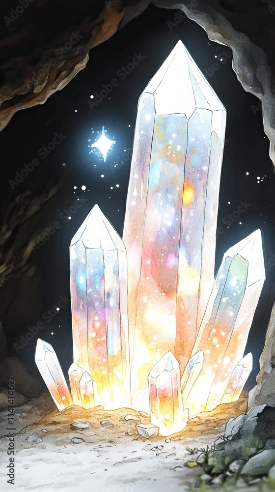 Poster a large crystal cluster glows with inner light, illuminating a cave and a starry sky.
