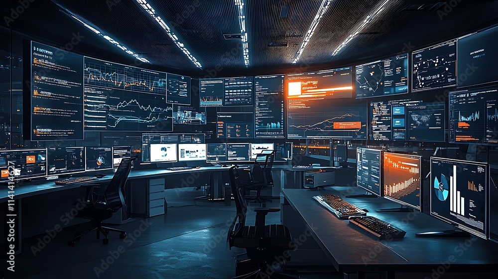 Aufkleber Futuristic control room with numerous screens displaying data analytics and graphs.