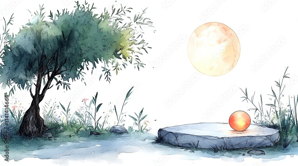 Poster a large full moon shines over a stone platform with a single orange orb in front of a willow tree an