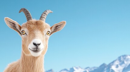Obraz premium A cheerful goat against a clear blue sky and mountain backdrop.