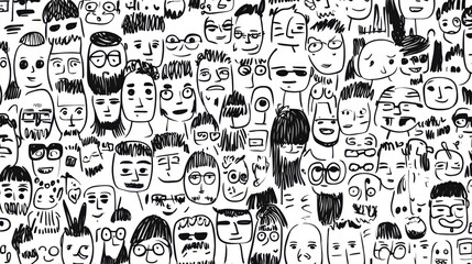 A collection of unique hand-drawn faces showcasing various expressions in black and white.