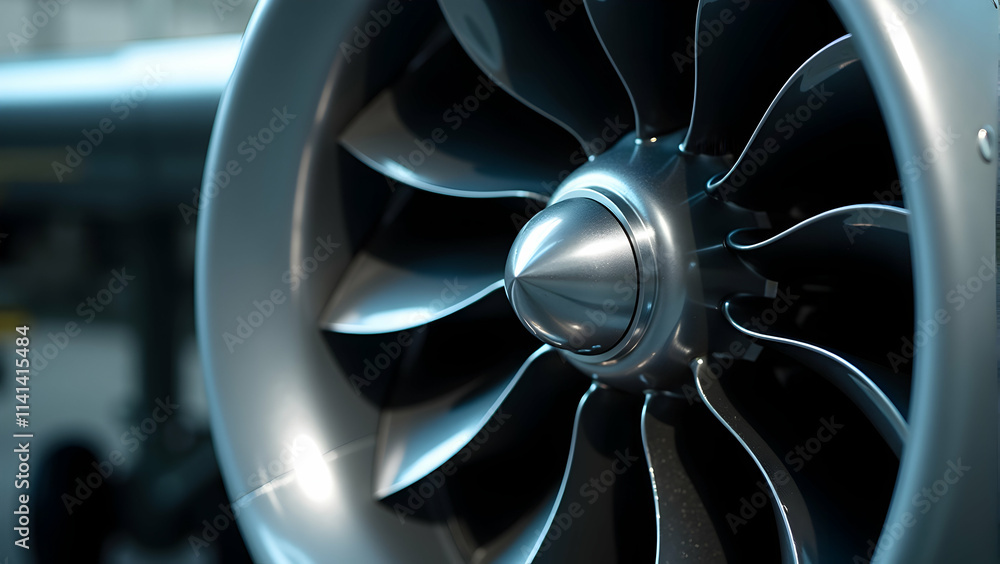 Poster a mesmerizing close-up of a jet engine's intricate blades, showcasing the power and precision of mod