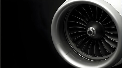 Powerful Jet Engine: Close-up view of a sleek, powerful turbofan engine, showcasing intricate details and metallic gleam against a dark background.