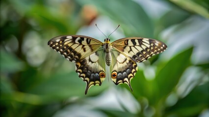 Naklejka premium A Close-Up View of a Swallowtail Butterfly with Green Foliage in the Background