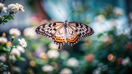 A Colorful Butterfly Hovering Over Delicate White Flowers