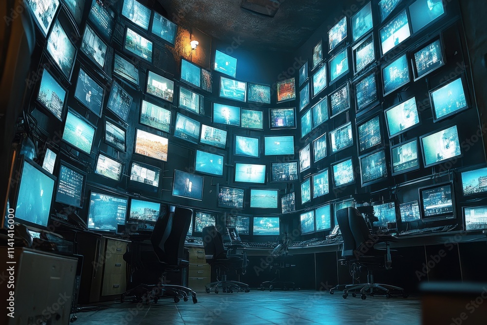 Poster numerous monitors display data streams in a control room. illustrates cybersecurity, surveillance, o