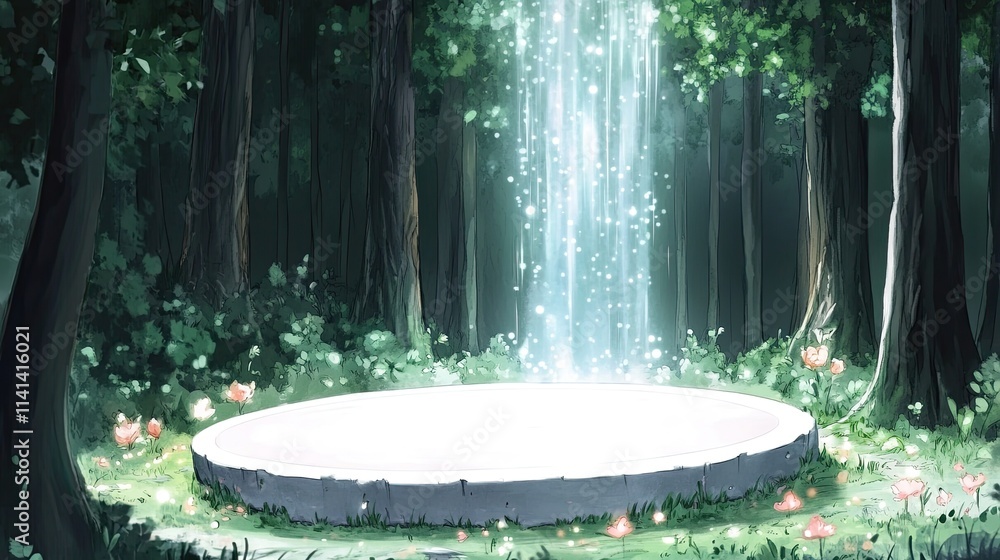 Poster a magical clearing in a lush forest with a glowing platform and a waterfall in the background.