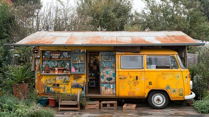 Rustic Yellow Van Shop in a Garden Setting