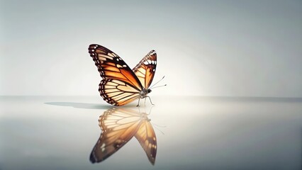 Obraz premium A Single Butterfly with Open Wings Reflecting on a Shiny Surface