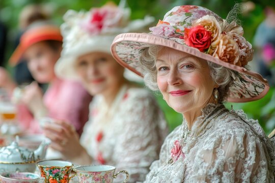 Elegant senior woman in floral hat enjoys afternoon tea with friends. Perfect for articles on aging gracefully, vintage fashion, or social gatherings.