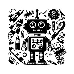  Robot Icon Hand drawn illustration black and white