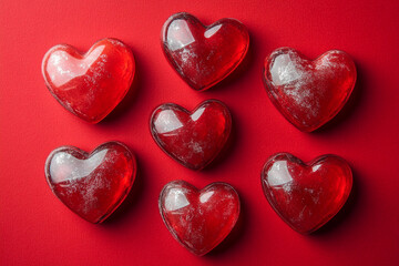Obraz premium Heart-shaped jelly candies arranged on a vibrant red background for Valentine's Day celebration