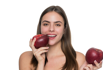 Detox. Young girl with apple fruit. Vitamin and dieting. Woman eating healthy food. Detox diet....