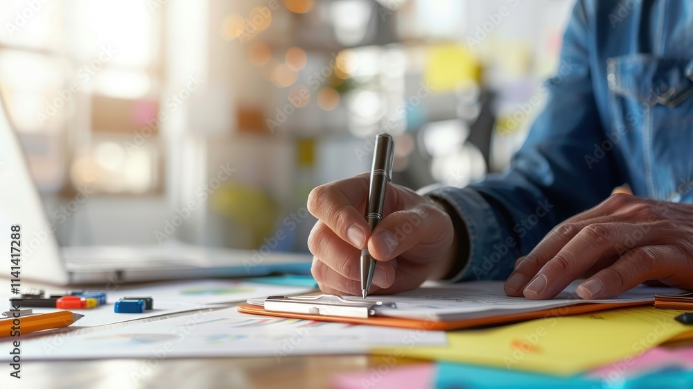 Poster a person is writing on a notepad surrounded by colorful sticky notes and a laptop, engaged in a crea