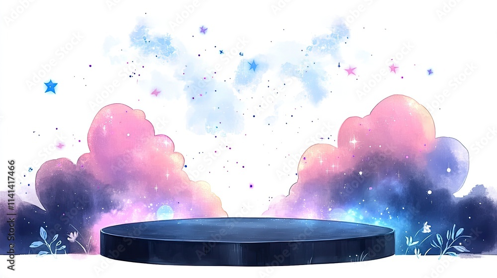 Poster A magical pedestal sits on a cloud with sparkling stars and a hazy backdrop.