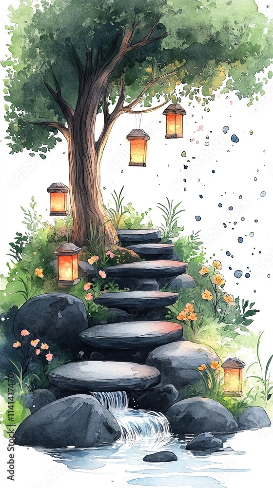 Poster a magical pathway leading up to a tree adorned with glowing lanterns, with a small waterfall at the 