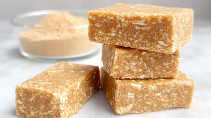A stack of golden, textured bars rests beside a small bowl of powder, suggesting a healthy or protein-rich food product.