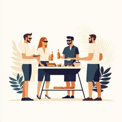 Fototapeta premium Friends Socializing at Backyard Barbecue: Flat Design Illustration of Lively Conversation and Delicious Food Fun