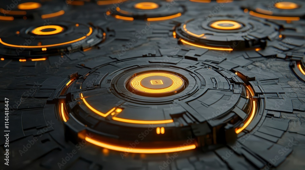 Poster a futuristic surface design with glowing orange rings and textured patterns, suggesting a high-tech 