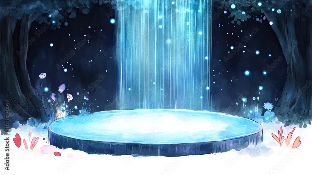 Poster a magical, mystical forest scene with a glowing waterfall and a circular platform in front of it.