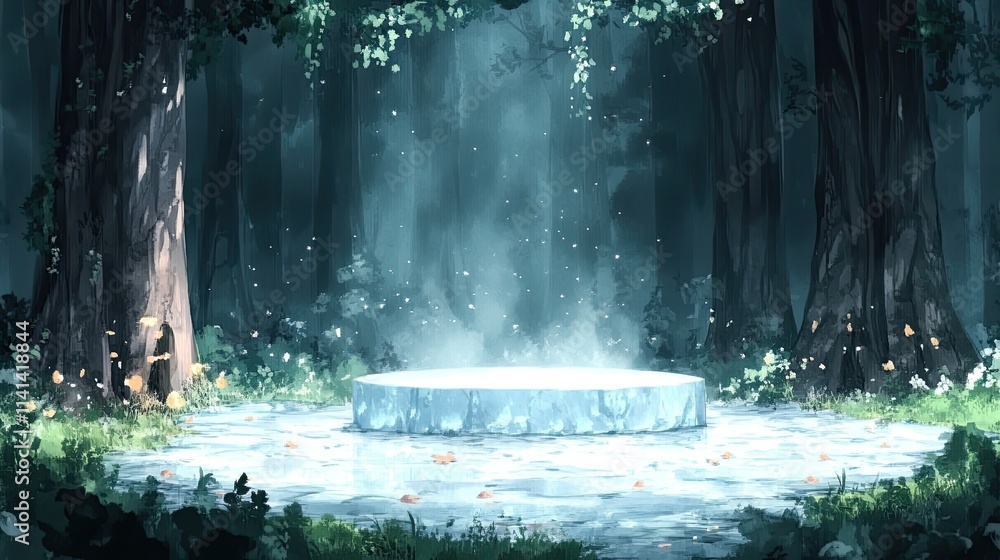 Poster A mystical circular platform in the middle of a dark forest, surrounded by trees and glowing with light.