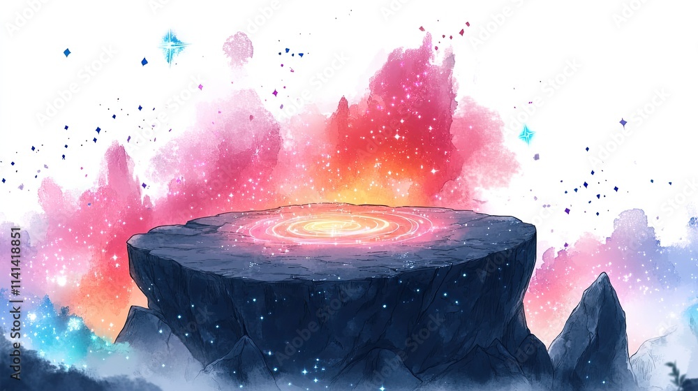 Poster a mystical floating rock platform with a glowing circular portal and a cosmic background.