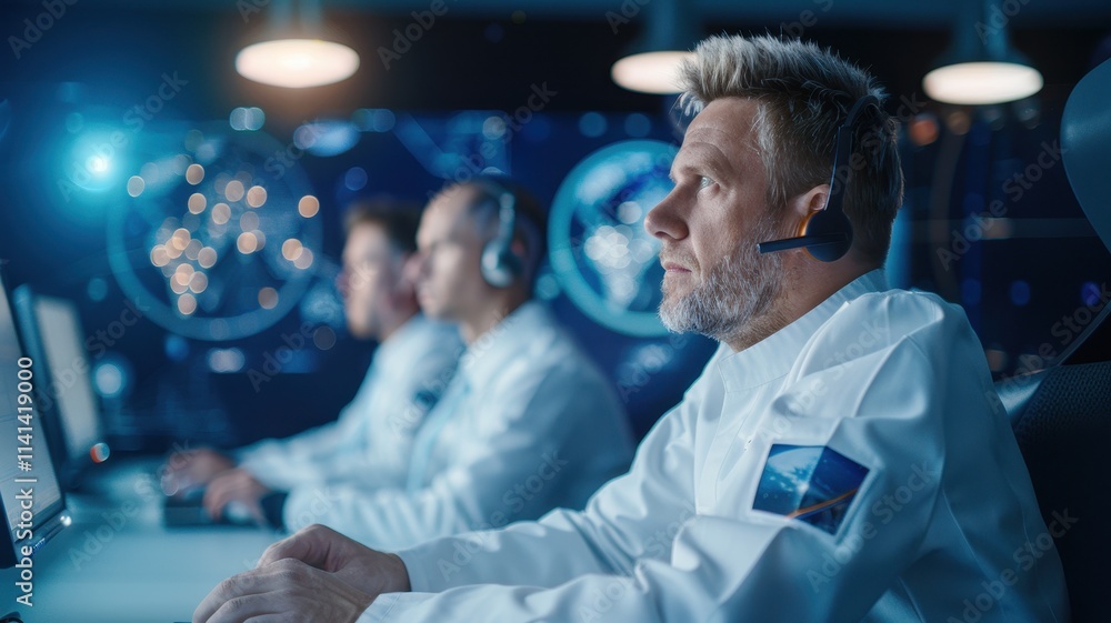 Poster scientists in lab coats monitor screens in a high-tech control room, focusing on data related to spa